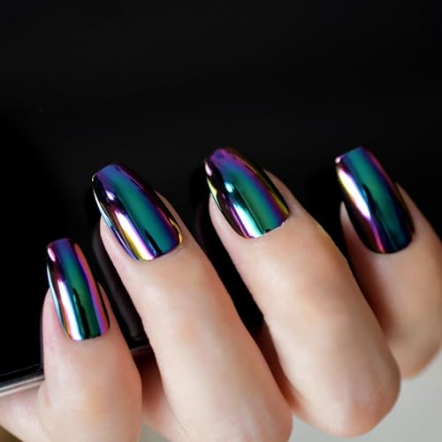 Super Holographic Blue Purple Coffin Nails Mirror Chrome Square Ladies Fake Nails Quality Tips for fingers Z905