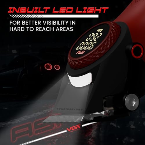 VGR V-001 Professional Salon Quality Hair Clipper | 𝟵𝟬𝟬𝟬 RPM High-Power DC Motor, 𝟑𝟎𝟎 Min Runtime, DLC Diamond-Coated Blade, LED Display & Light | Taper Lever & 15 Length Settings, Red