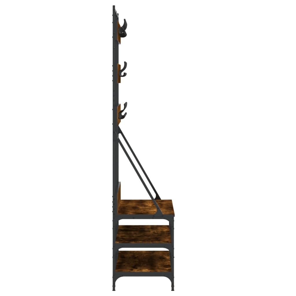 Kleiderständer mit Schuhablage Räuchereiche Holzwerkstoff und Metall 100x40x184 cm freistehend mit Haken und Rollen platzsparend für Schlafzimmer Flur Ordnung