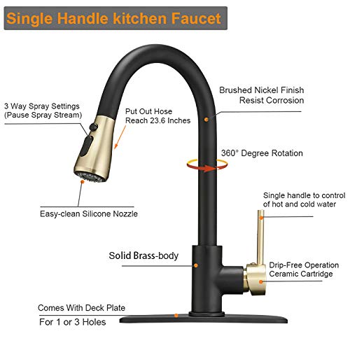 Hoimpro Commercial High-Arc Single Handle Kitchen Sink Faucet With Pull Out Sprayer,Rv Kitchen Faucet With Pull Down Sprayer,3 Function Touch On Laundry Water Faucet, Brass/Gold Black(1 Or 3 Hole) #TOP1