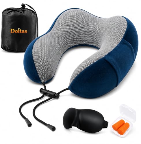 Image of DOLTAS Memory Foam Travel Pillow for Neck Pain Relief, Includes Eye Mask & Noise Isolating Ear Plugs, Portable Combo for Men & Women, Ideal for Long Flights & Road Trips | Velvet Navy Blue