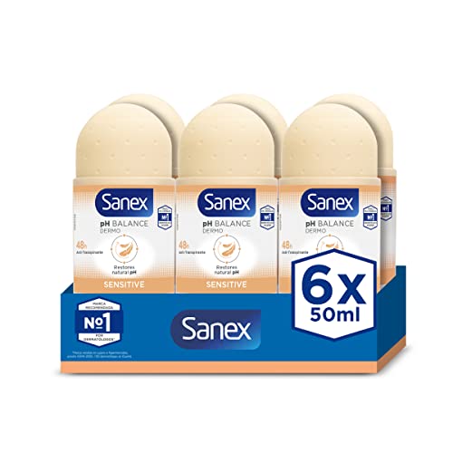 Sanex Sensitive, Desodorante Hombre o Mujer, Desodorante Roll-On, Pack 6 Uds x 50ml