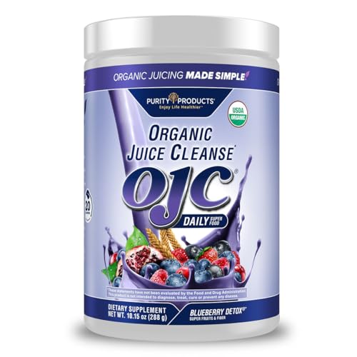 Purity Products OJC Blueberry Detox - Certified Organic Juice Cleanse Bloat + Gas Relief- Ft. OptiBiome Probiotics, Organic Super Fruits + 4 Grams Organic Psyllium Fiber - Vegan - 30 Day Supply