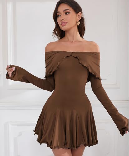 Image of Off The Shoulder Dresses for Women Long Slv Ruffle Bodycon Graduation Dress