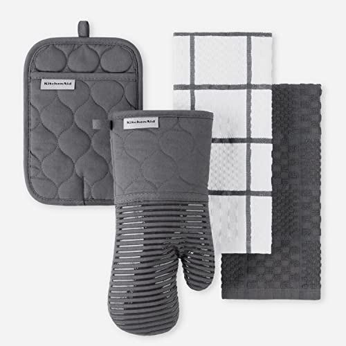 Comparison: Best Kitchenaid 4 Piece Oven Mitt And Potholder Set 2 KITCHENAID Quilted Cotton Terry Cloth Oven Mitt, Pot Holder, Kitchen Towel 4-Pack Set, Heat Resistant, Silicone Grip, Gift Set, Charcoal Grey, 16"x26", 7"x13" & 7"x10"