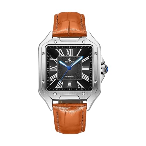 ASOROCK WATCHES Silver/Black - Brown Strap Diplomat | 42 mm Automatic Homage Mens Watch | Vintage Square Tank Silhouette Watch