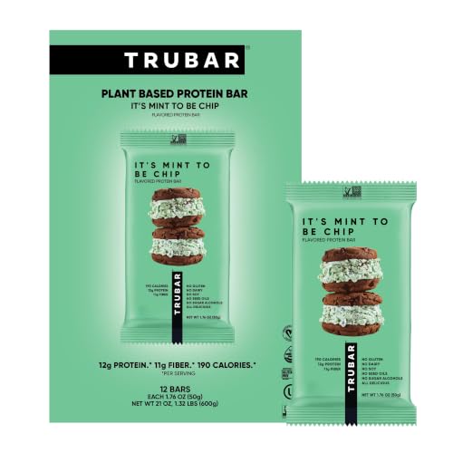 Image of TRUBAR Vegan Protein Bar,It's Mint To Be Chip, Gluten Free, Plant Based Protein, Dairy Free, Non GMO, Soy Free, No Sugar Alcohols, 12G Protein, 12G Fiber, 23G Carb, On the Go Snack Bars, 12ct