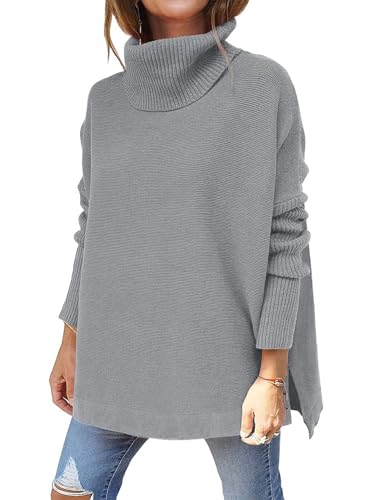 Image of yoeasy Women's Turtleneck Oversized Long Batwing Sleeve Pullover Sweater Spilt Hem Knit Sweater