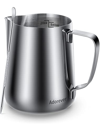 Image of Milk Frothing Pitcher 600ml /20oz Steaming Pitchers Stainless Steel Milk Coffee Cappuccino Latte Art Barista Steam Pitchers Milk Jug Cup with Decorating Art Pen, Sliver