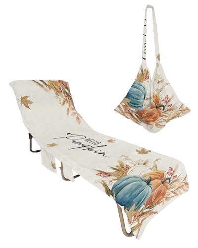 Teal Orange Pumpkin, Beach Lounge Chair Towel Cover, Soft Chaise Lounge Towel with Side Pockets Patio Pool Chairs Cover for Beach/Pool Sunbathing 29x85 Fall Thanksgiving Autumn Leaves