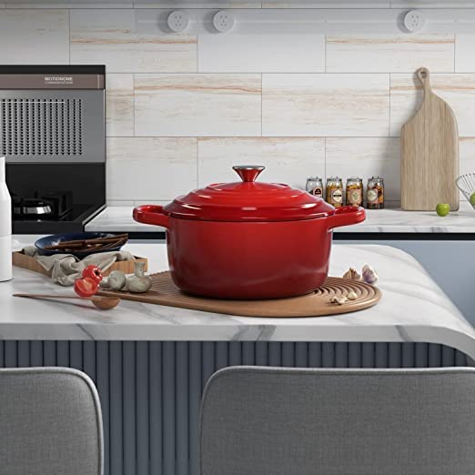 Home Cast Iron Enameled Dutch Oven Pot with Lid Sauce Pan, Pasta Server, Stove Top Pot, Dish for Sourdough Bread, Slow Cooking Chicken, Soup & More, Kitchen Cookware - Red