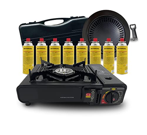 Preisvergleich Produktbild Clearfee Campingkocher Set / Gaskocher / inkl. Aufbewahrungsbox / Gaskartuschen / Kartuschen-Kocher / Gasherd (+ 8 Gaskartuschen + Grillplatte)