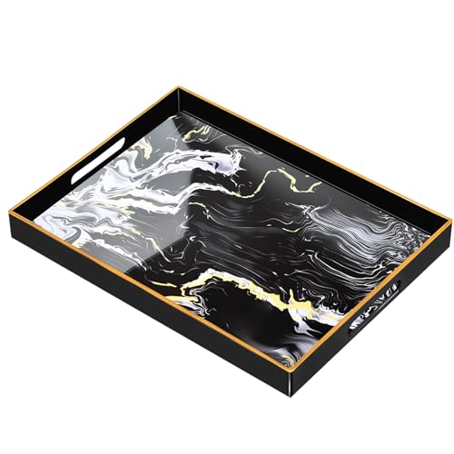 Bandeja de Servicio Patrón de Mármol, Bandeja de Plástico Rectangular con Asas, Bandeja de Servir Decorativa, Bandejas de Mesa de Café, Bandeja Grande para Cocina/Sala/Fiesta