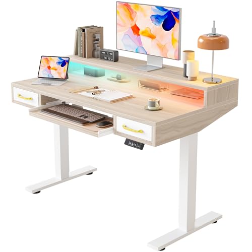 Image of TIQLAB Standing Desk with Two Drawers, Stand Up Standing Desk Adjustable Height, Electric Sit Stand Table with Storage Shelf and Splice Board, with LED Light, 47 * 28 inch, Light Walnut