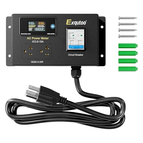 Exqutoo AC Power Meter, NEMA 5-15P to NEMA 5-20R Outlet, Dual Socket, 15 A