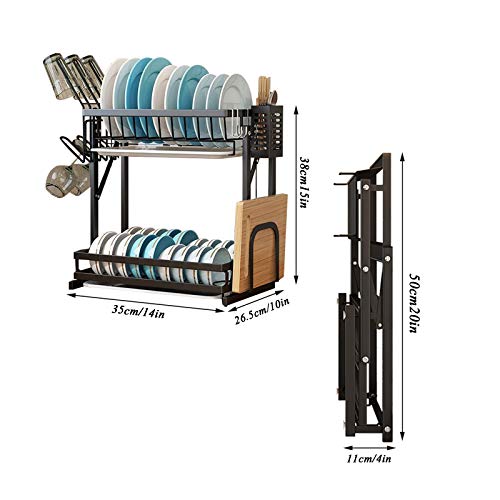 JYHHGDS 2 Tier Drainer Dish Rack Stainless Steel with Utensil Cup Holder/Cutting Board Holder, Kitchen Black Storage Rack, Countertop/Wall Mounted/Wall-Mounted Models - Image 2