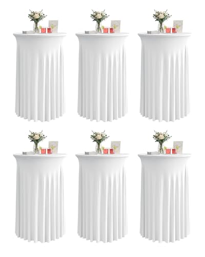 KeyWave Cocktail Table Tablecloth with Skirts - 32x43 Inch Wavy Spandex High Top Cocktail Table Covers Ruffle Drape Highboy Tablecloth Reusable for Party Wedding Cake Standing Table White 6 Pack