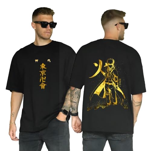 Image of HUMBE Oversized T Shirts for Men Half Sleeve Fit Drop Shoulder Casual T-Shirt | Black Printed Round Neck T-Shirt for Men