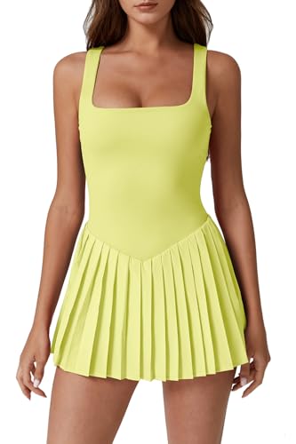 Image of QINSEN Womens Square Neck Tennis Dress Pleated Sleeveless Built in Shorts Golf Athletic Dress with Pockets