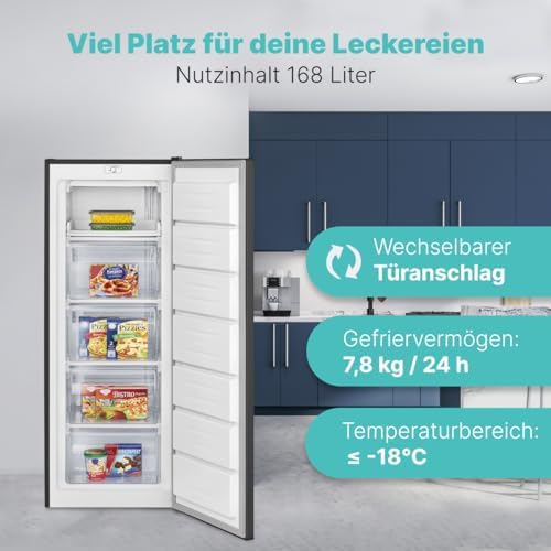 Bild 1 - Bomann® Gefrierschrank 143cm I 4 Sterne-Gefrierfach I Temperaturbereich: ≤ -18°C I Tiefkühlschrank leise 40dB I wechselbarer Türanschlag I Gefrierschrank gross I 168L Freezer I GS 7364 schwarz-inox