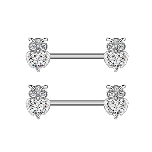 14G Dainty Owl Nipple Rings For Women Stainless Steel Fake Diamond Crystal Rhinestone Nipple Piercing Nipple Straight Barbells Tongue Rings Sexy Body Piercing Jewelry Gifts For Birthday Bff #TOP8