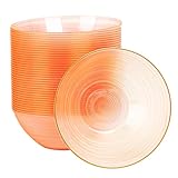 QualQuot 50 Pack 16 Oz Plastic Bowls with Gold Rim, Disposable Soup Bowls, Heavy Duty Dessert Bowls for Parties, Wedding and Everyday Use, Orange