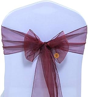Paquete de 100 Silla Organza Completo Lazo Bandas - Semi-Transparente Tela Cubiertas con Minimal Sheen - Adecuado para Banquetes Bodas,Recepciones,Celebraciones, y Eventos | borgoña