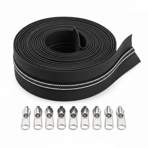 Image of Zipper Roll (Number : 5) 5 Meter with 10 Zip Puller - Two Way Open-Ended Nylon Zipper (Black & White Stitch, 5 Meter)