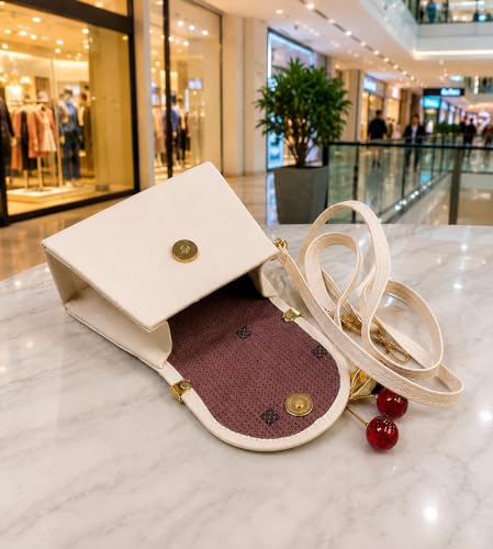 Image of KBR Mini Sling Bag for Girls, Cute Small PU Leather Crossbody Purse with Cherry Pendant Charm, Adjustable Strap, Magnetic Flap Closure, Kids Fashion Bag (Cream White)