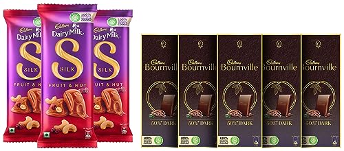 Image of Cadbury Bournville Rich Cocoa Dark Chocolate Bar, 80 gm (Pack of 5) & Dairy Milk Silk Fruit and Nut Chocolate Bar, 137g (Pack of 3)