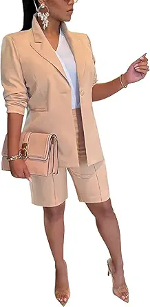 Women's 2024 Two Piece Outfits Casual Solid Color Open Front Blazer Shorts Set