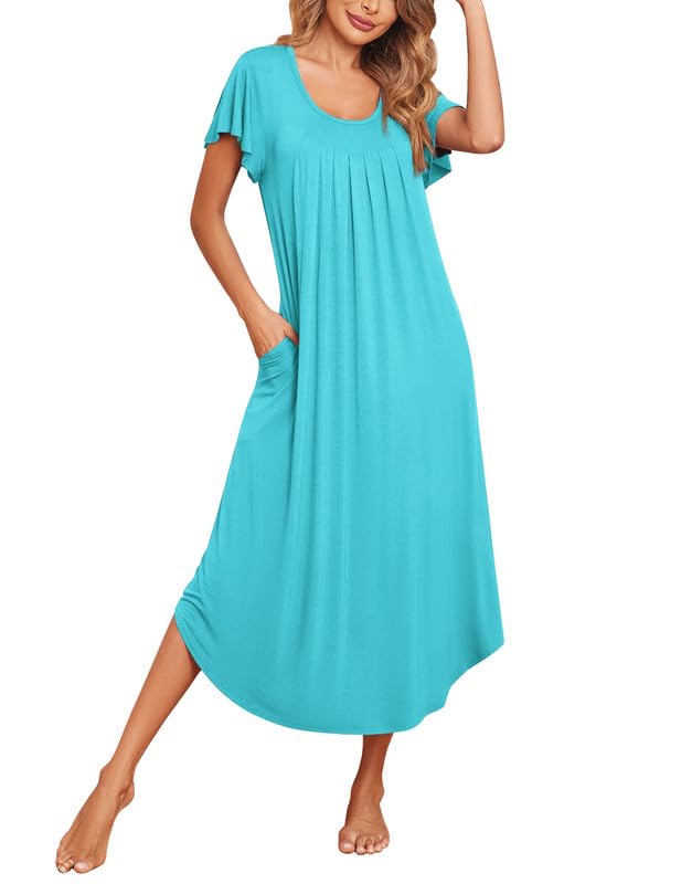 Image of Ekouaer Long Nightgowns for Women with Pockets Short Sleeves Moo Moos for Women Casual Maxi Dress House Dresses S-XXXL