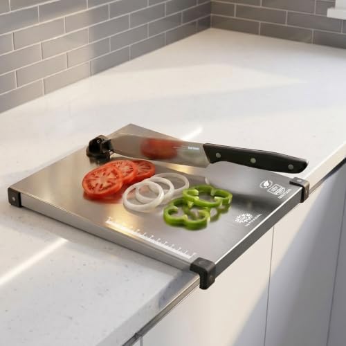 Image of Heavy Duty Stainless Steel Chopping Board with Attached Knife Set - Non-Slip Vegetable & Fruit Cutting Board, Rustproof & Dishwasher Safe Board for Kitchen (Square Counter top)
