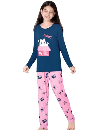 Tebbis Cute Cat Pajamas for Girls Modal Fiber Long Sleeve & Pants Pj Set Tween Size 6-183