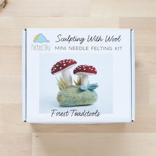 Image of Felted Sky Forest Toadstools Needle Felting Kit Learn How to Sculpt with Wool | Beginner Friendly for Adults and Teens | Includes Everything to Create a 3D Mushroom Scene | Has Video Instructions