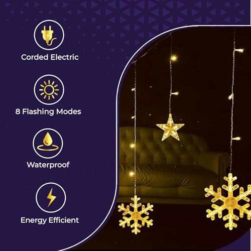 Image of K D Waterproof 6 Snow+ 6 Star Warm Yellow 138 LEDs Curtain LED String Lights with 8 Flashing Modes Indoor Outdoor for Home, Diwali, Christmas (Warm Yellow)