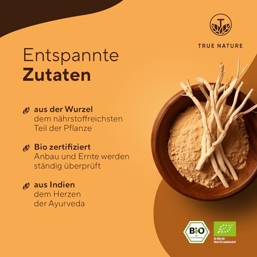 Bio Ashwagandha - 360 Kapseln (BIG PACK) - Hochdosierte 2600mg pro Tag (90 Tage) - 650mg pro Kapsel - indische Bio Schlafbeere - Vegan, Laborgeprüft, Deutsche Produktion - TRUE NATURE