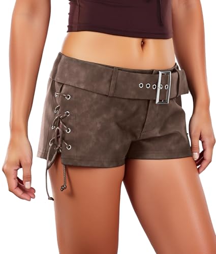 Ausing Frauen Hose Kurze Pole Dance Lederhose Leder Lack für Damen Outfit Sexy PU Braun Hosen Glitzer Elegant Hotpants Lederoptik Party Leggings Rave Wetlook Shorts Lederimitat Beschichtete M