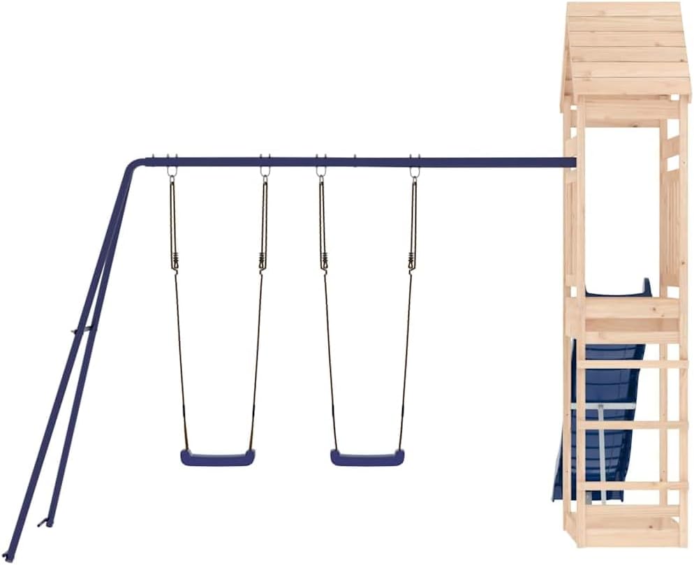 Outdoor Playset Natural Wood Blue Solid Pine Wood Polypropylene with Wavy Slide and Two Saddle Swings for Backyard Fun