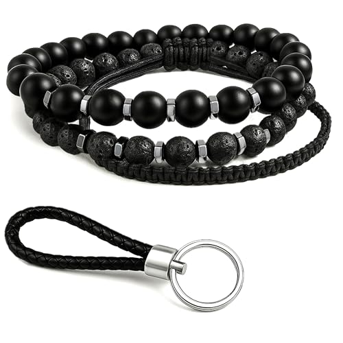 Bracciale Uomo 4 pezzi Pietre Naturali Bracciali Regolabile Pietra Lavica Ossidiana Perline Chakra Energia Guarigione in Omaggio Braccialetto Corda Intrecciata Fatto a Mano + Portachiavi Regalo