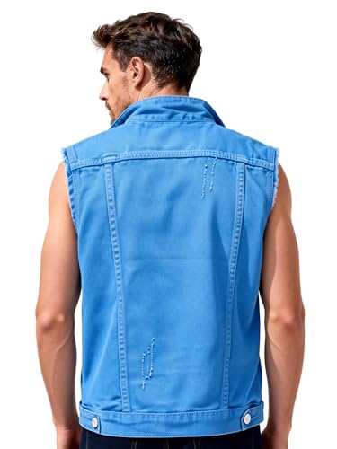 Image of Men's Sleeveless Ripped Denim Vest Casual Slim Fit Button Down Jeans Vests Jacket