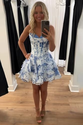 UZN Short Tiered HOCO Dresses 2025 Floral Print Mini Strapless Corset Ruffles Cocktail Party Gowns4