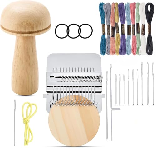 Mini Darning Loom Mushroom Kit 14 Hooks Small Weaving Tool for Socks Jeans Mending Knit Patch Repair Set Includes Large Eye Needles 50 Colors Threads for Handcraft DIY Weaving Beginners Projects