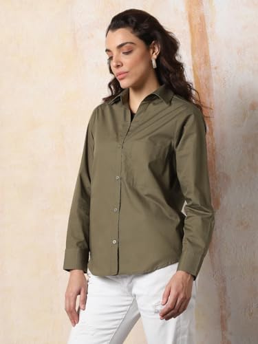 Image of HIGH Star Oversized Solid Cotton Shirt for Women | Stylish Tops for Women | Comfortable and Trendy Casual Shirt