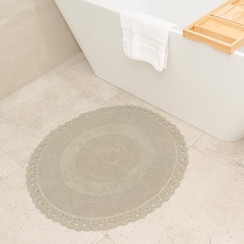Bien Beau BATH-RUGS Unique Round Boho Bath Mat With Crochet Contour - 100% Cotton Boho Bathroom Rugs -Reversible cover
