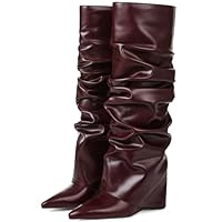 Oiamenne Botas femininas dobráveis, cano alto franzido, cano alto, bico fino, botas casuais, Borgonha, 38