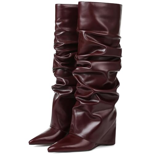 Image of Oiamenne Women's Fold Over Boots Slouch Wide Calf Knee High Boots | 3.15 inch Wedge Heel, Pointed Toe Tall Boots, Pull-on, Faux Leather Boots for Party Daily Wear