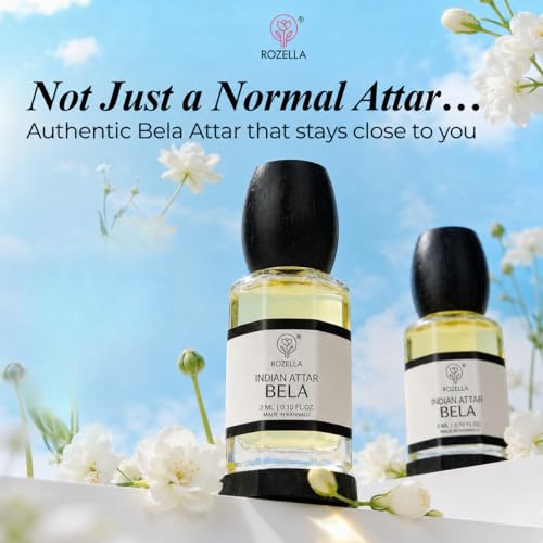 Image of ROZELLA Bela Mogra Authentic Attar for Men and Women | Floral Aroma Concentrated Perfume Oil | Traditional Fragrance Blend | Non Alcoholic Long Lasting Scent Roll On Perfume Attar | 3 ml