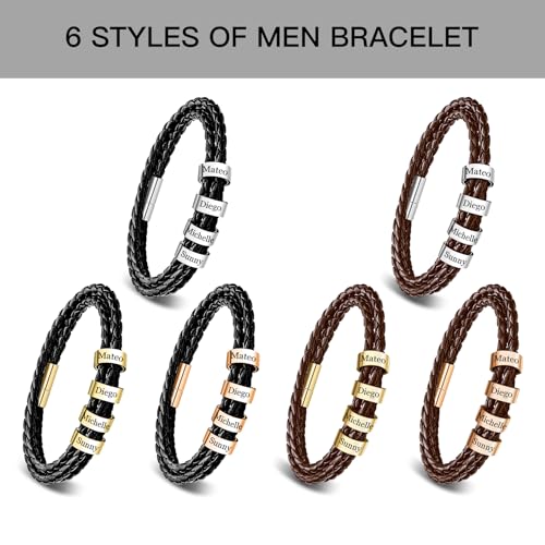 Personalized Braided Leather Bracelets for Men Custom Name Bracelets for Dad Engraved 1-6 Names Father Bracelet Gifts for Fathers Day Christmas Birthday Boyfriend Grandpa3
