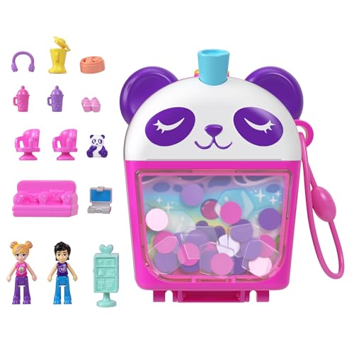 Polly Pocket Playset with 2 Micro Dolls & Food Accessories, Bubble Tea Panda Compact Anima